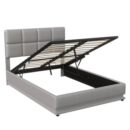 Rosahqnda Hydraulischer Doppelbettrahmen 140*190cm mit LED, Verstellbares Kopfteil, Stauraumbett 140*200cm, Polsterbett, PU