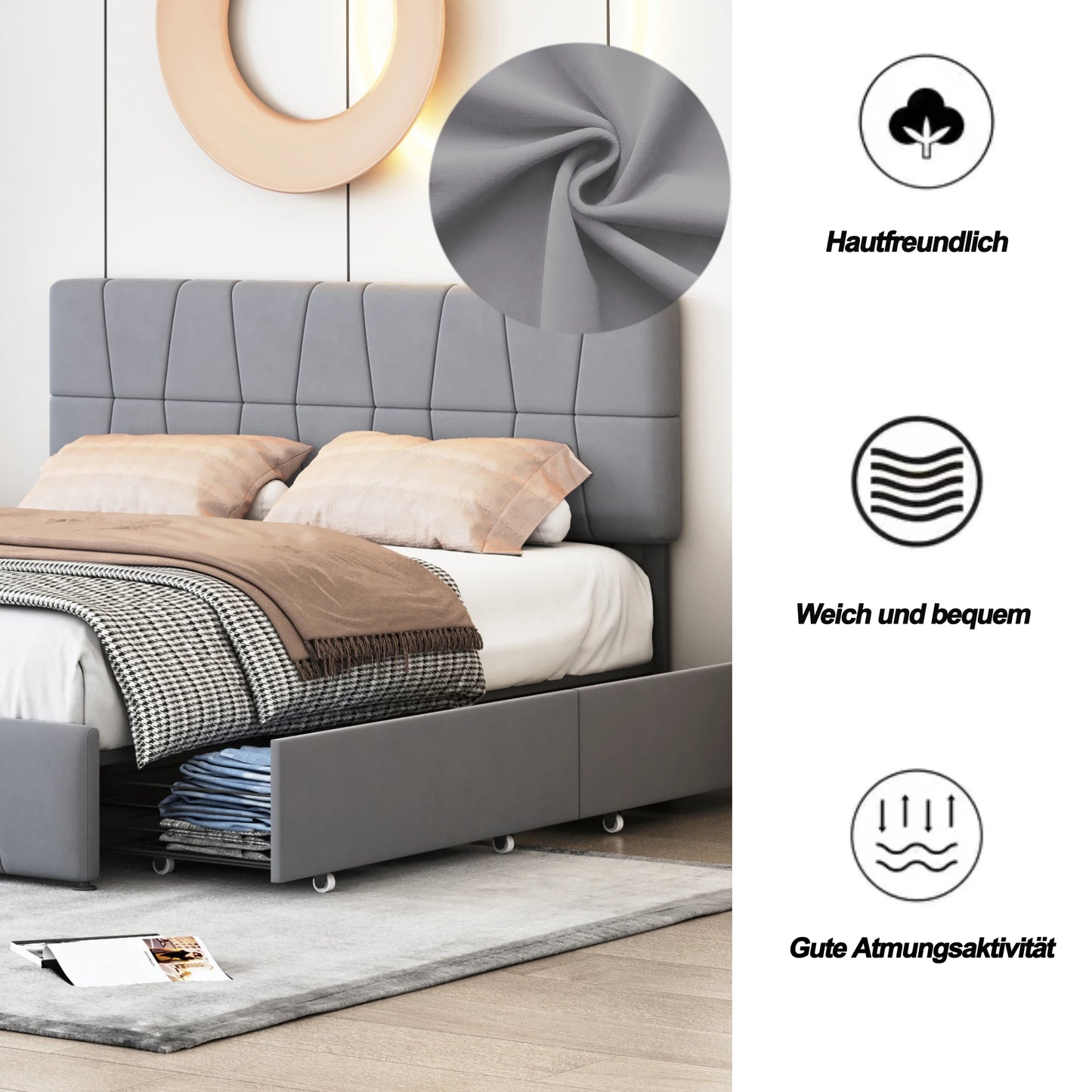 Rosahqnda Upholstered Bed 140x200cm,4 Storage Drawers,Modern Double Bed,Suitable for Adults,Teenagers,Gray,Velvet