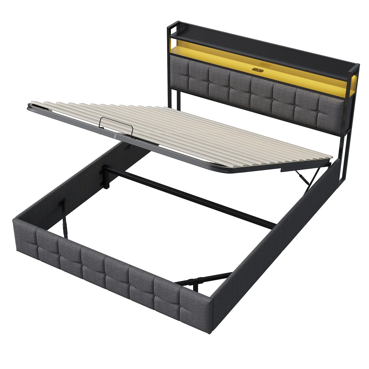 Rosahqnda Multifunctional Double Bed,Rechargeable,LED and Hydraulic Storage,Teen Bed,140/160 x 200 cm,Linen/PU,Grey,Black.