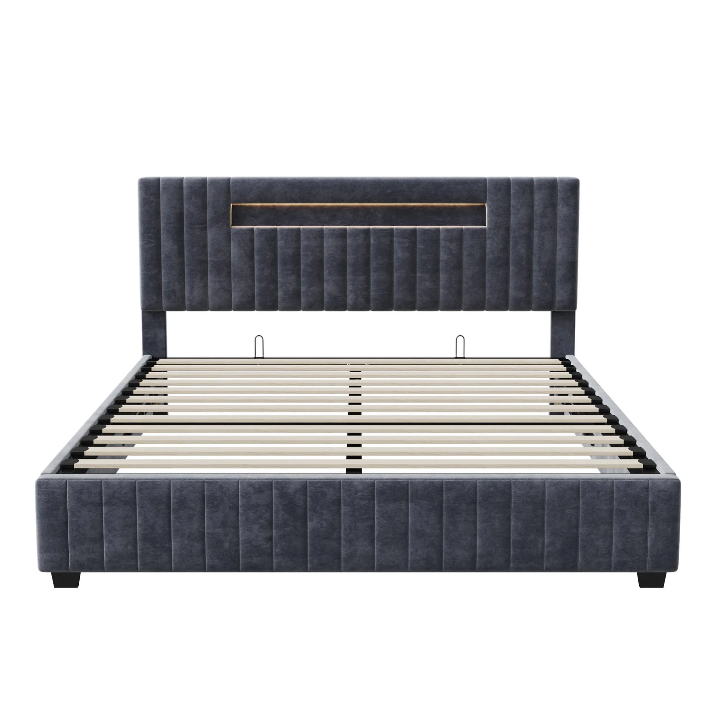 Rosahqnda 140x200 Bett mit Stauraum und Untergestell, gepolstertes Bett mit Stauraum, Doppelbett mit LED, Bettgestell aus Samt, mit Lattenrost, Grau