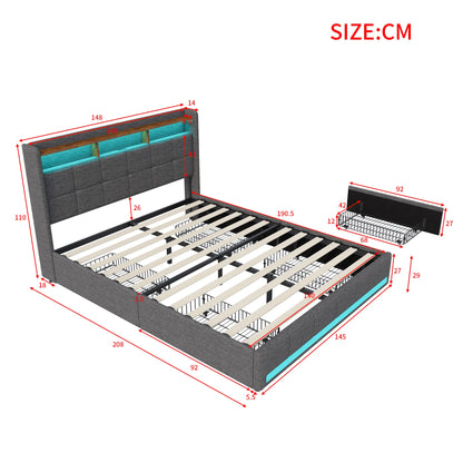 Bett mit Schubladen, 140/160 x 200 cm, Stauraumbett mit USB-Ladefunktion und LED-Kopfteil, Doppelbett mit Stauraum und 4 Schubladen. Jugendbett, funktionales Bett, Kopfteil, Lattenrost aus Holz, grau.
