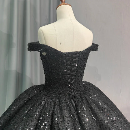 Jancember 6679 Black Off Shoulder Teenage Sequins Birthday Party Formal Quinceanera Dresses.