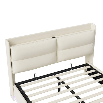 WoodenAura 140×200 cm Polsterbett, hydraulisches Doppelbett mit LED-Leuchten und Lattenrost, mit Rückenlehnenkopfteil