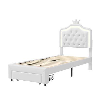 90x200cm Polster bett, Einzel bett mit Lattenrost und Rückenlehne, mit LED und großem Stauraum, PU, White, ohne Matratze