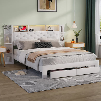 UrbanLuxe Polsterbett 140x200 cm mit LED-Streifen und USB-Ladeanschluss, Stauraumschubladen, Lattenrost, weißer Samt