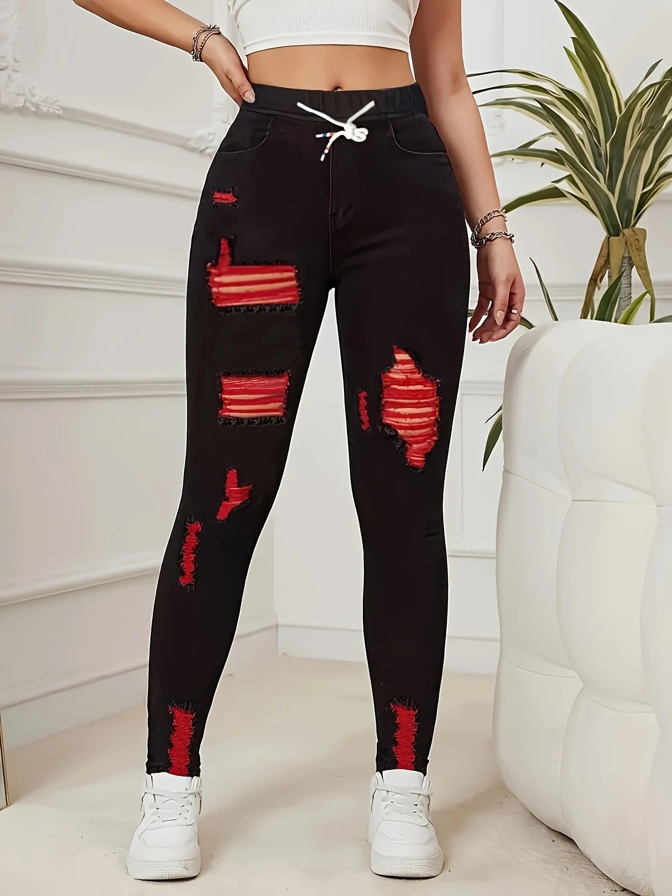 Women's Stretch Jeans Elastic Waist Drawstring Elegant Distressed Red Skinny Personalized Designer Style Suitable for All Seaso.