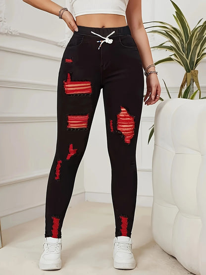 Women's Stretch Jeans Elastic Waist Drawstring Elegant Distressed Red Skinny Personalized Designer Style Suitable for All Seaso.