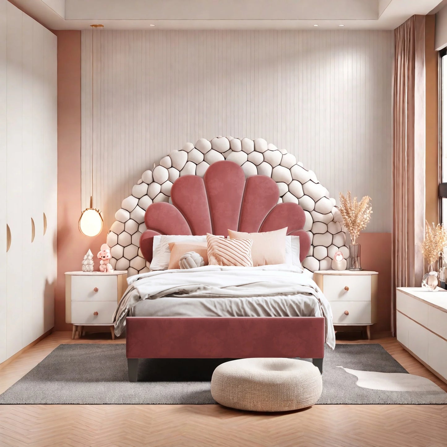 Rosahqnda Kinderbett Einzelbett Polsterbett 90x200cm, Blumenförmiges Kopfteil und Lattenrost,Samtstoff,Mädchenbett,Ohne Matratze