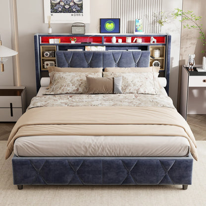 ROSAHQNDA Doppelbett mit Stauraum, LED-Bücherregal-Kopfteil mit USB, Polsterbett 140/160 x 200 cm, Samt, ohne Matratze