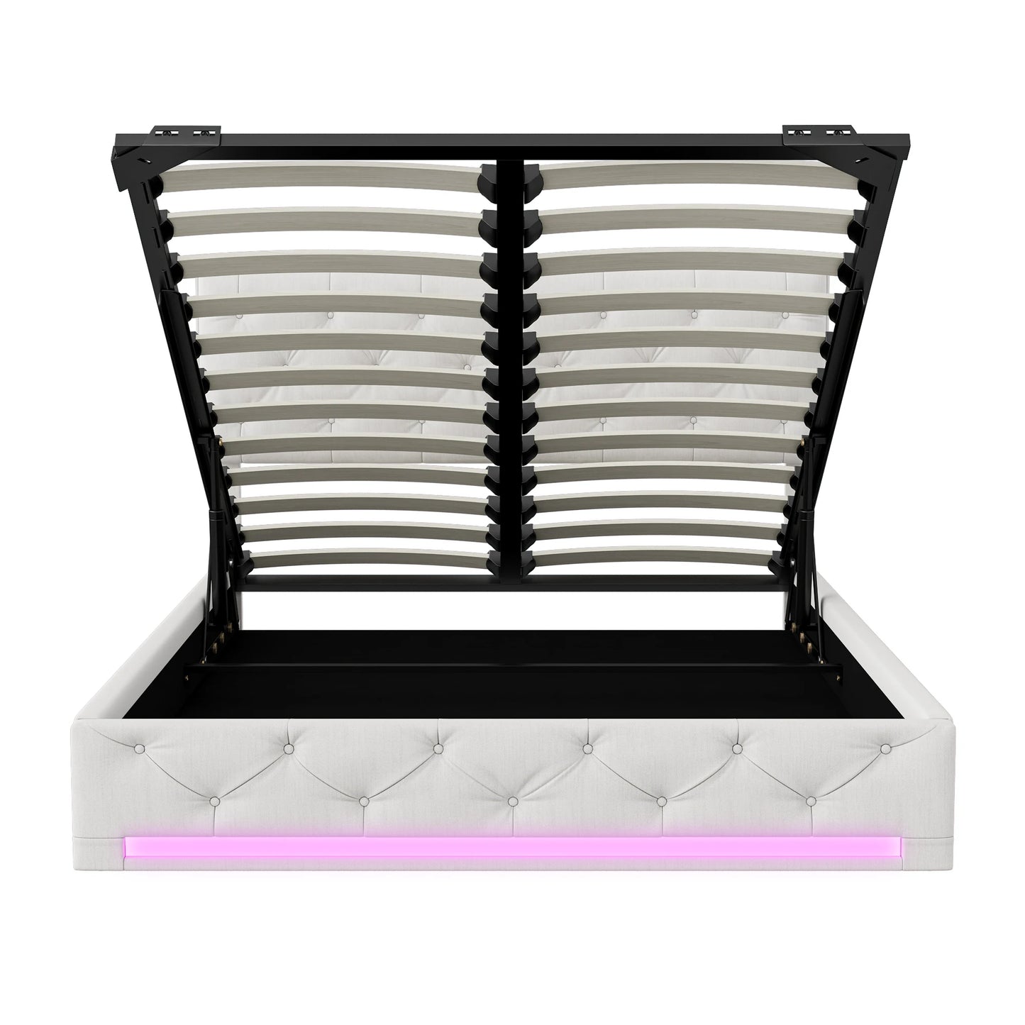 Rosahqnda upholstered bed, double size, with LED lights, storage bed with hydraulic lift box, adjustable headboard height, linen