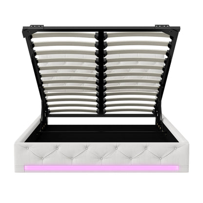 Rosahqnda upholstered bed, double size, with LED lights, storage bed with hydraulic lift box, adjustable headboard height, linen