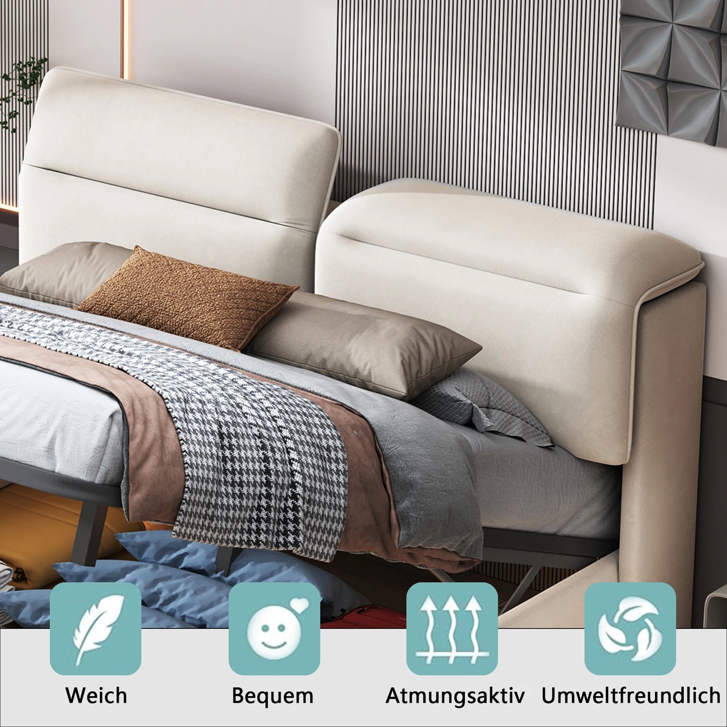 WoodenAura Bett 160 x 200 cm mit Lattenrost, Bett 160x200 cm mit Stauraum und Kopfteil, Bett mit LED-Beleuchtung und Stauraum