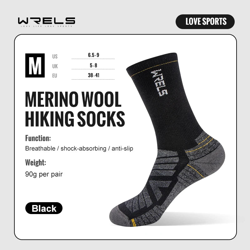 WRELS Merino Wool Socks Hiking Running Socks Soft Lightweight Shock Absorption Damping Mid-Calf Breathable Ankle Cycling Socks.