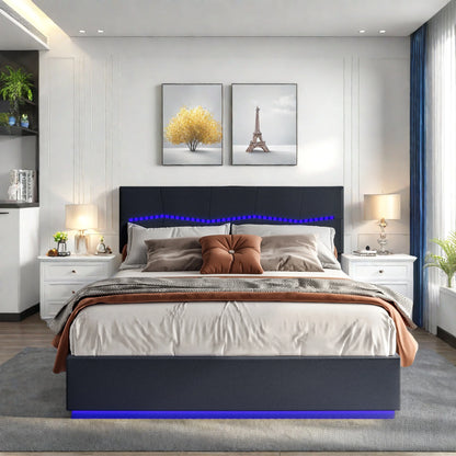 Rosahqnda Doppelbettgestell 140-160-180*200cm Polsterbett mit LED & USB & viel Stauraum, Jugendgästebett, PU, Beige/Schwarz