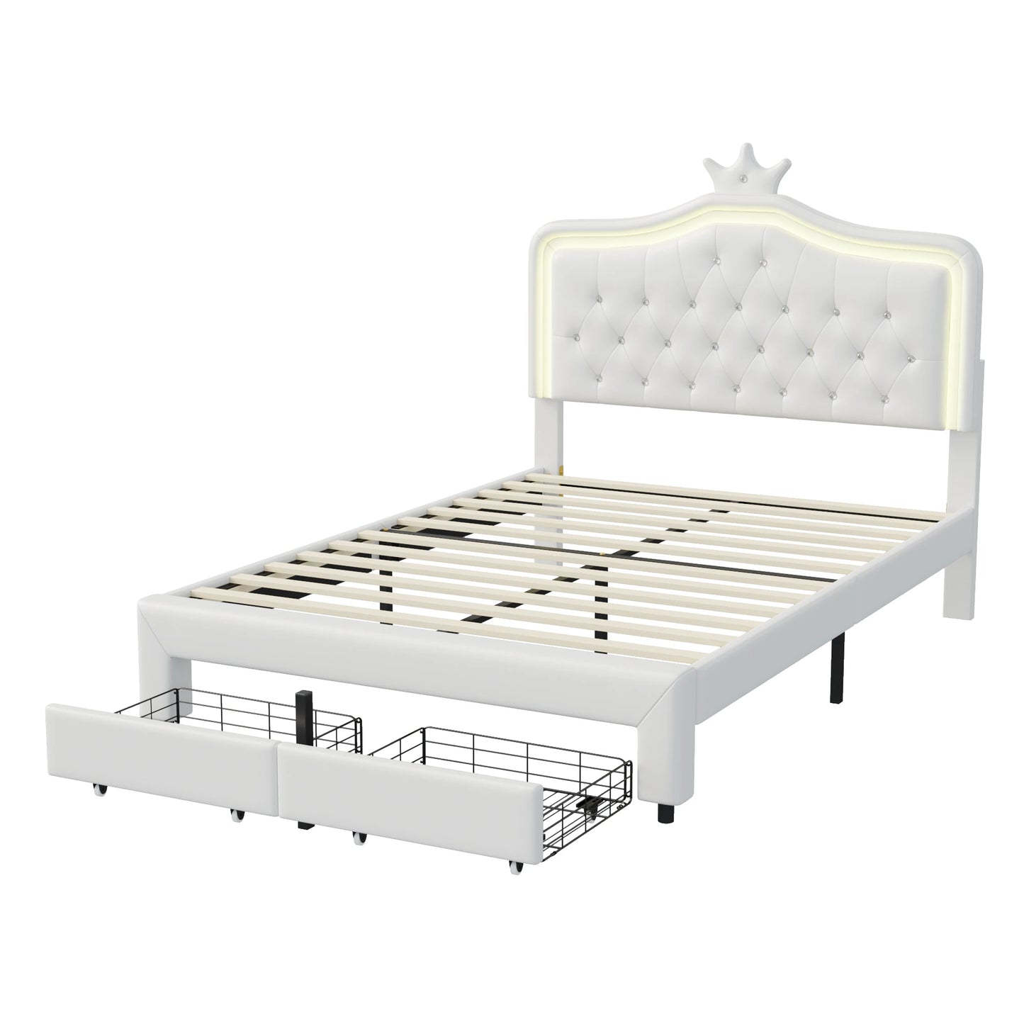 Rosahqnda Kinderbett Kronenform 90/140 x 200 cm, LED und Schubladen, höhenverstellbares Kopfteil, PU, Rosa/Weiß