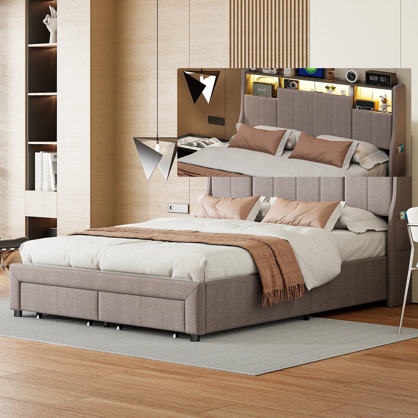 Upholstered Bed 160 x 200 cm, Bed Frame with LED Lights, USB Ports and Storage Headboard, Double Bed, Guest Bed, Teenager's Bed