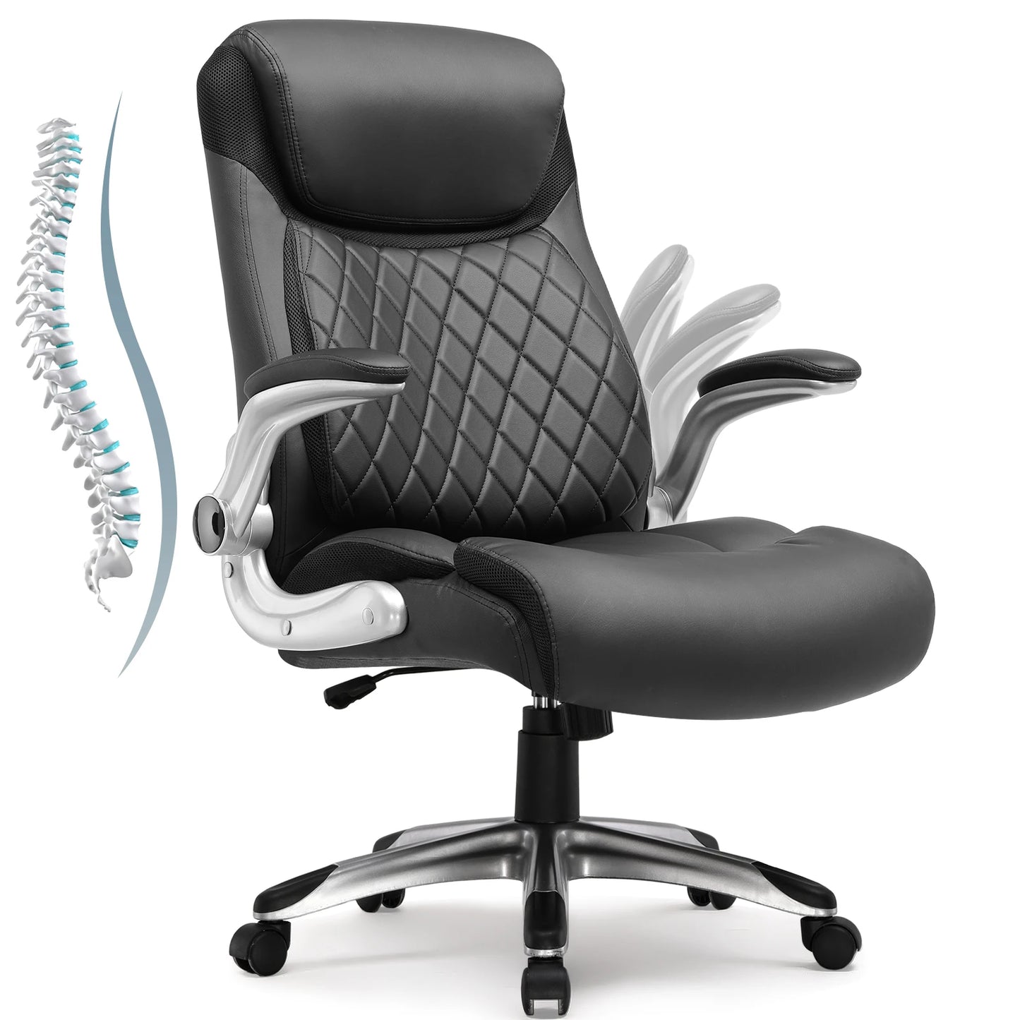 COMHOMA Bürostuhl Ergonomisch, Schreibtischstuhl mit klappbaren Armlehnenmit und Hoher Rückenlehne, Kratzfeste Leder