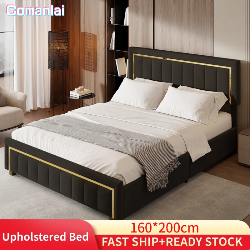 Comanlai Polsterbett, 160 x 200 cm, hydraulisches Bett mit Stauraum, mit Kopfteil und Lattenrost, Doppelbett, keine Matratze, Schwarz