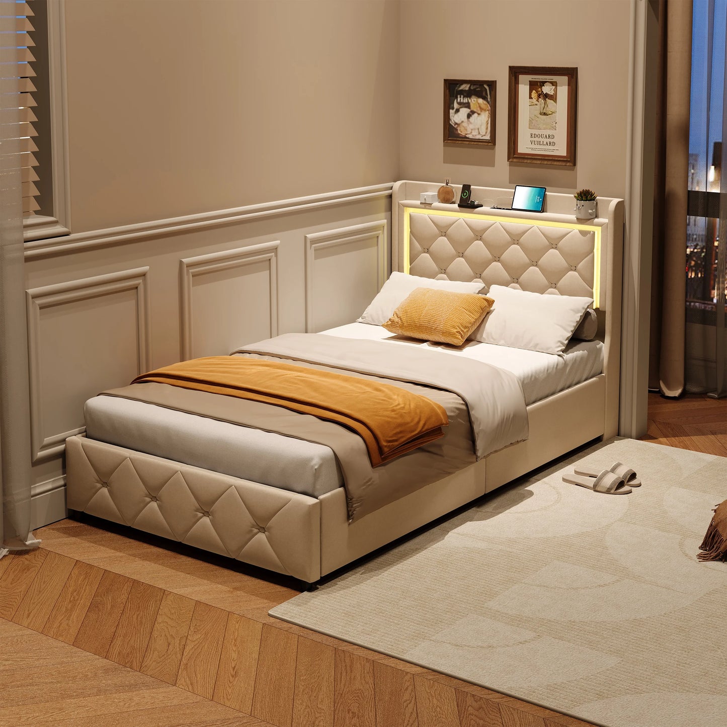 Rosahqnda Polster-Einzelbett 90 x 200 cm mit LED, Jugendbett mit USB/Typ-C, Bettkasten, Holzrahmen, Flanell (ohne Matratze)