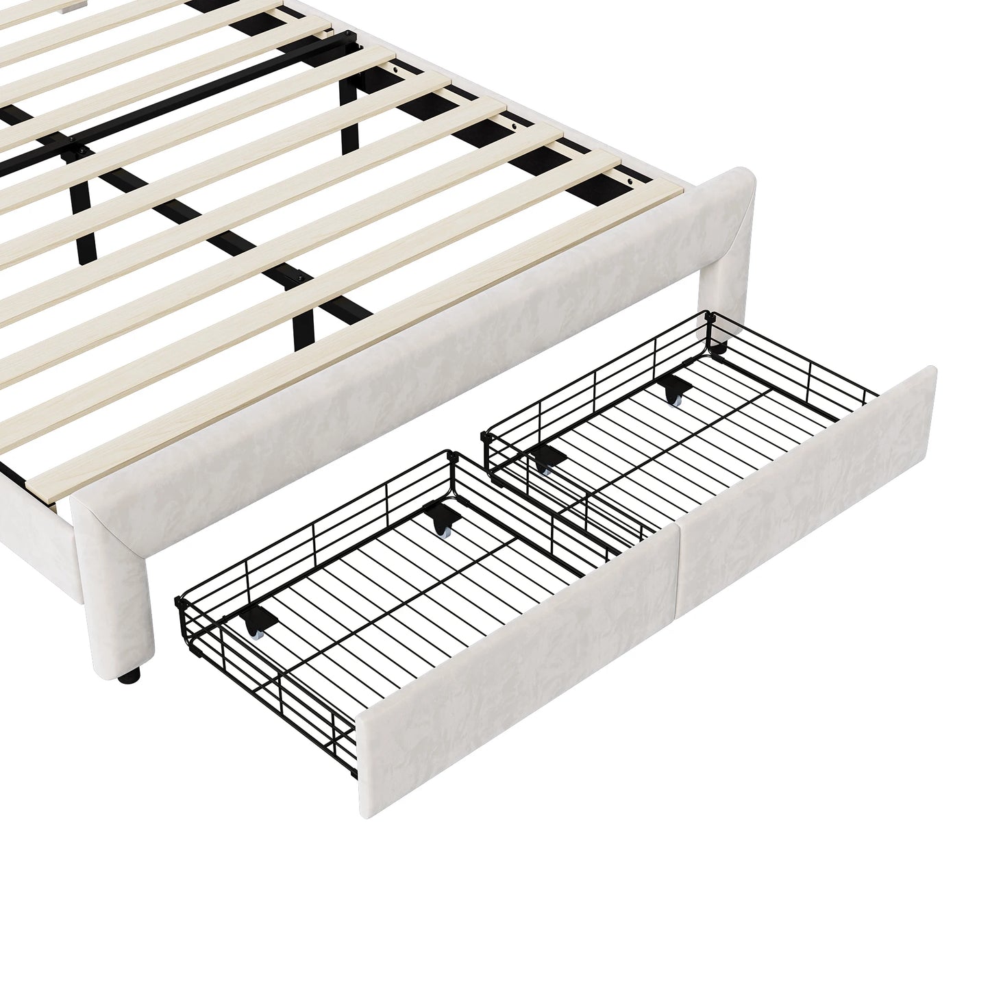 Rosahqnda Doppelbettgestell 140 x 200 cm mit LED und 2 Schubladen, gepolstertes Einzelbett, Stauraumbett, Teenagerbett, Gästebett, Samtbeige