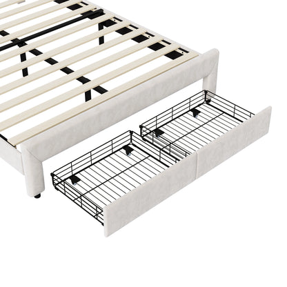 Rosahqnda Doppelbettgestell 140 x 200 cm mit LED und 2 Schubladen, gepolstertes Einzelbett, Stauraumbett, Teenagerbett, Gästebett, Samtbeige
