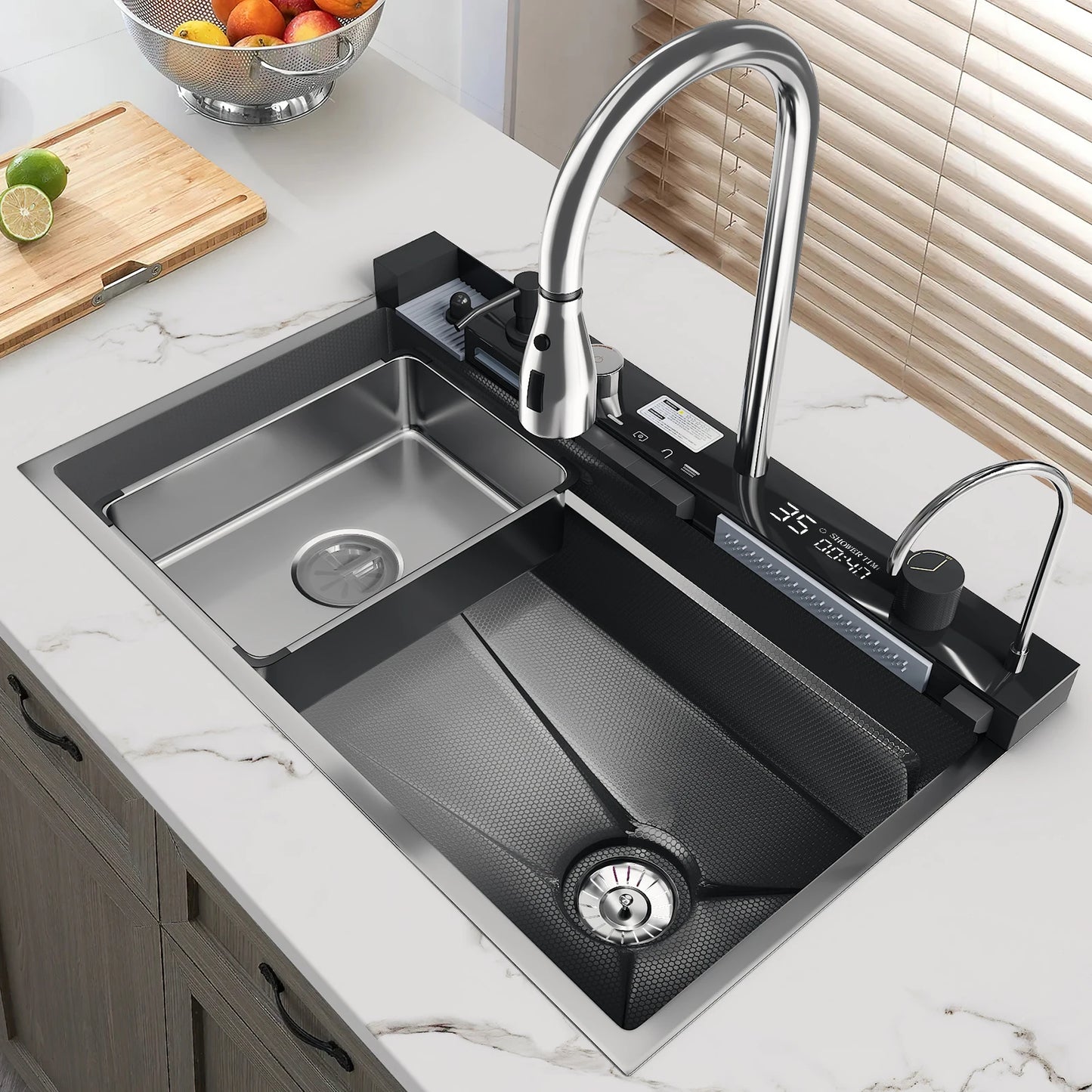 Edelstahl-Wasserfall-Küchenspüle, großes Einzelschlitz-Wasserhahn-Set mit integrierter Digitalanzeige, Seifenspender, Tassenwascher, 75 x 46 cm