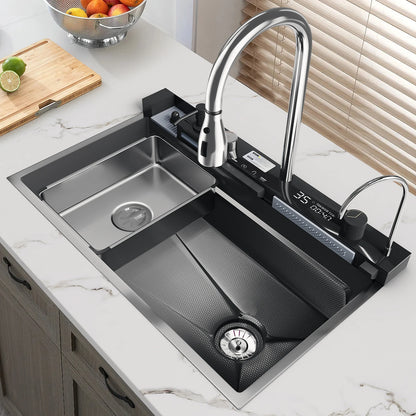 Edelstahl-Wasserfall-Küchenspüle, großes Einzelschlitz-Wasserhahn-Set mit integrierter Digitalanzeige, Seifenspender, Tassenwascher, 75 x 46 cm