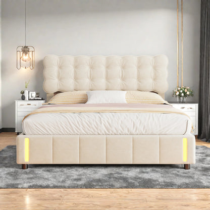 Doppelbett 140x200 cm mit LED-Beleuchtung und Stauraum, Luftdruckbett, Lattenrost, Samt, beige, ohne Matratze