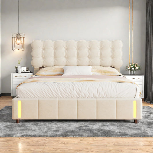 Doppelbett 140x200 cm mit LED-Beleuchtung und Stauraum, Luftdruckbett, Lattenrost, Samt, beige, ohne Matratze