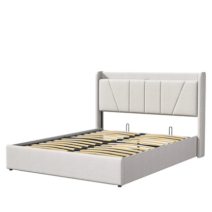 Doppelbett mit LED-Beleuchtung und 2 USB-Lademöglichkeiten, Hydraulisches Bett 140x200cm,Polsterbett mit Lattenrost, Leinenstoff