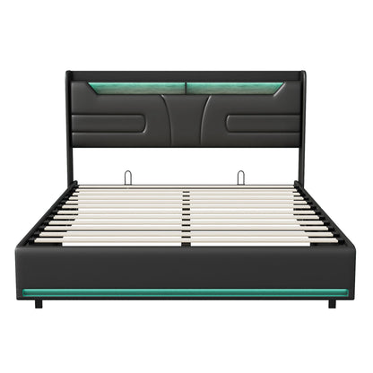 Rosahqnda Doppelbett 140–160 x 200 cm, gepolstertes Bett mit LED, USB und Stauraum, hydraulisches Funktionsbett, PU, Schwarz