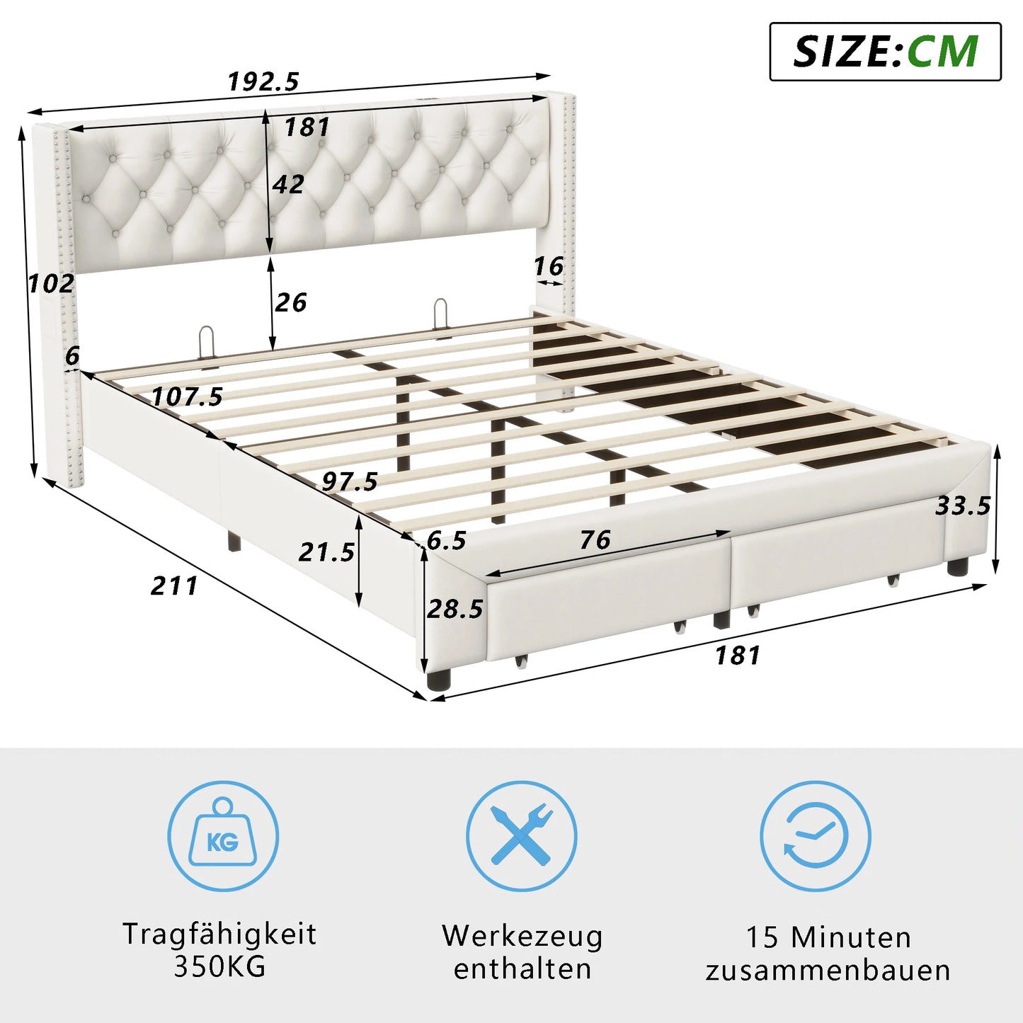 WoodenAura Polsterbett, beiger Samt, Kopfende mit 2 Schubladen, genietetes Kopfteil, Kommode, Stauraumbett mit LED-Beleuchtung