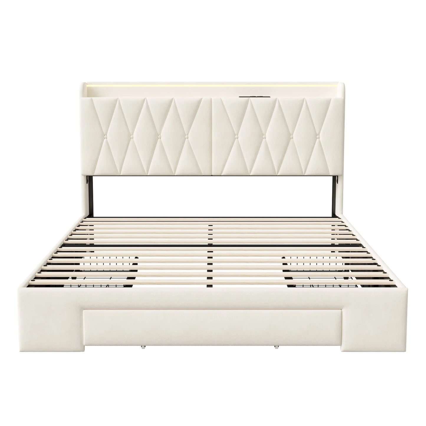 Comanlai Polsterbett 140 x 200 cm, Doppelbett mit 3 Schubladen, USB-Ladefunktion, ohne Matratze, Samt, Beige