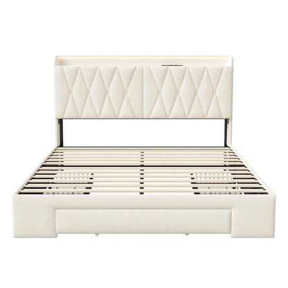 Comanlai 140 x 200 cm Polsterbett, mit 3 Schubladen, USB-Ladefunktion, Doppelbett, ohne Matratze, Samt, Beige