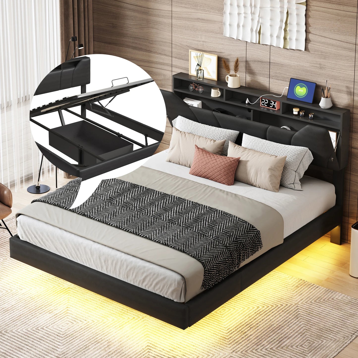 WoodenAura Doppelbett, gepolstertes Bett, Stauraum, Kopfteilbett mit USB-Aufladung, Stauraumbetten 140 x 200 cm, ohne Matratze