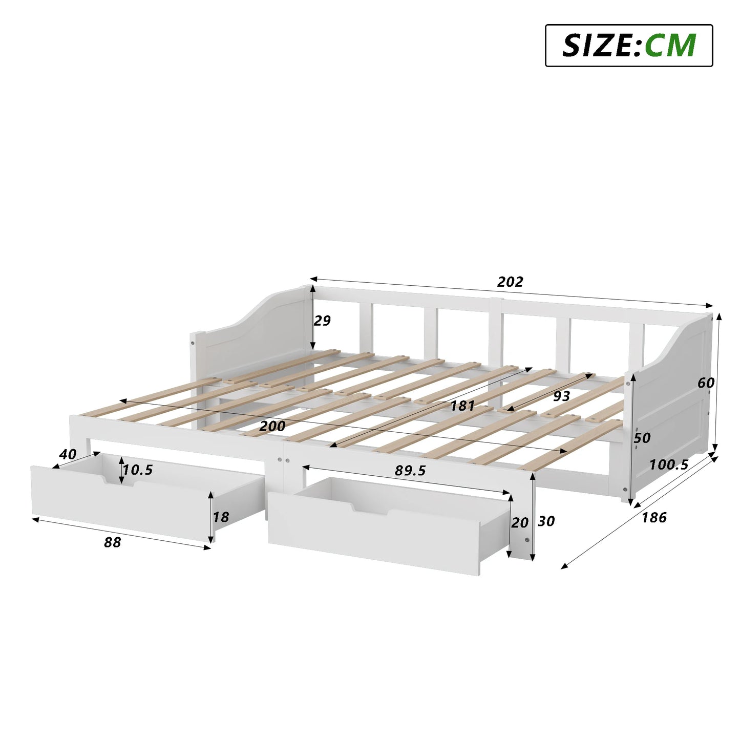 Schlafsofa 90/180 x 200 cm, Doppelbett, Einzelbett mit ausziehbarer Schublade, mit Lattenrost, Massivholz, keine Matratze