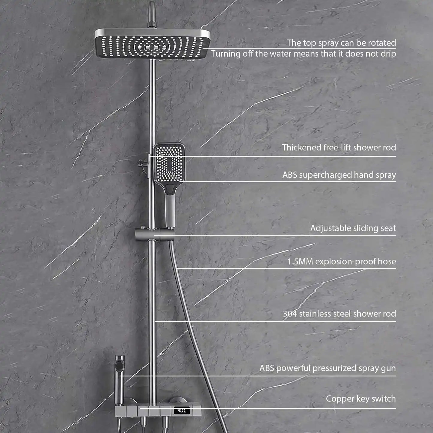 Bathroom showroom Set Gun gray Piano Digital Display Home Bathroom Shower Shore Steel Ultra Thin show Head