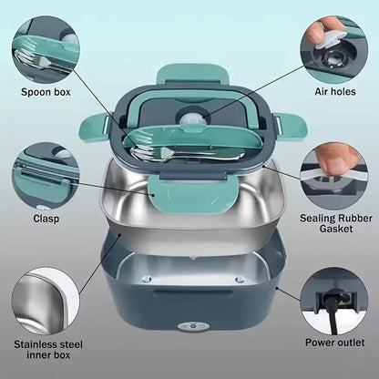 2-In-1 Electric Heating Lunch Box Car+Home 220V 1.5L 60W Portable Stainless Steel Liner Bento Lunchbox Food Container Bento Box.