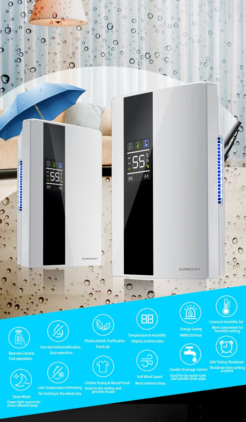 Dehumidifier and Air Purifier 2 in 1 Moisture Absorber Household Mute Bedroom Basement Remote Control Timing External Water Pipe.