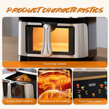 1400W 8L Air Fryer Stainless Steel Visible wide Capacity Electric Oven Touch glass Multifunctional Electric Fryer.