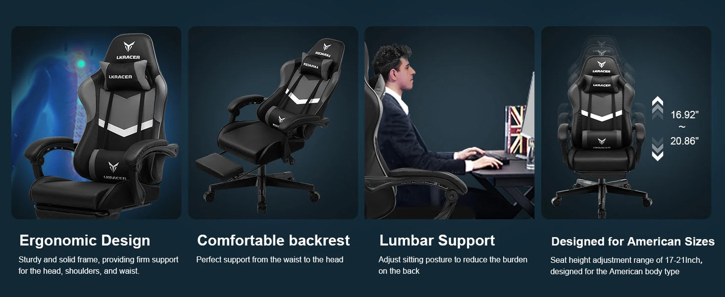 LUCKRACER Gaming Stuhl mit fußstütze Bürostuhl Ergonomisch mit verstellbare Lendenkissen, Kopfkissen Gaming Chair