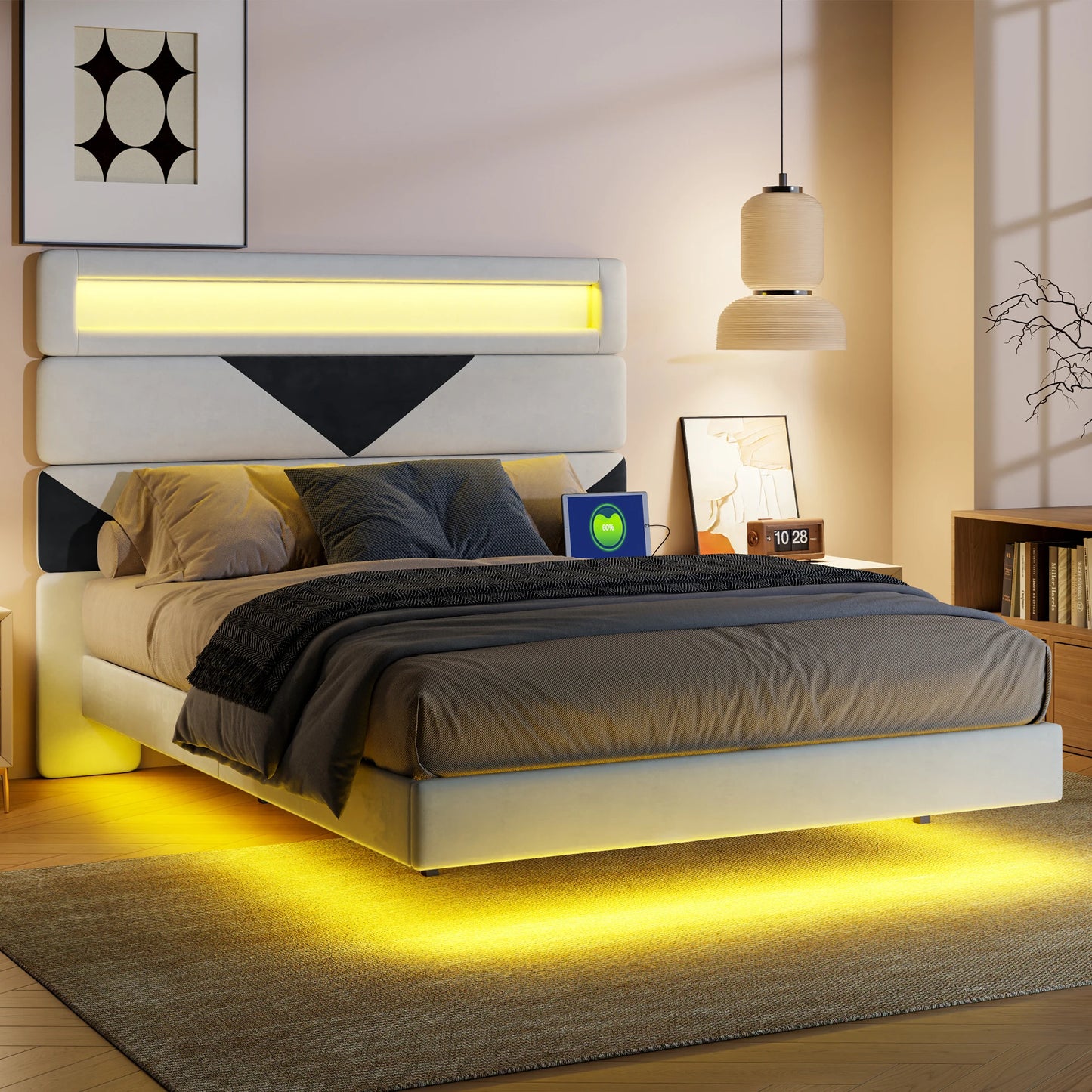Doppelbett 160x200 cm, mit zwei USB-Ladeanschlüssen und LED-Lichtleiste, dreieckiges Kopfteil, verstellbare Holzplatte, Samt
