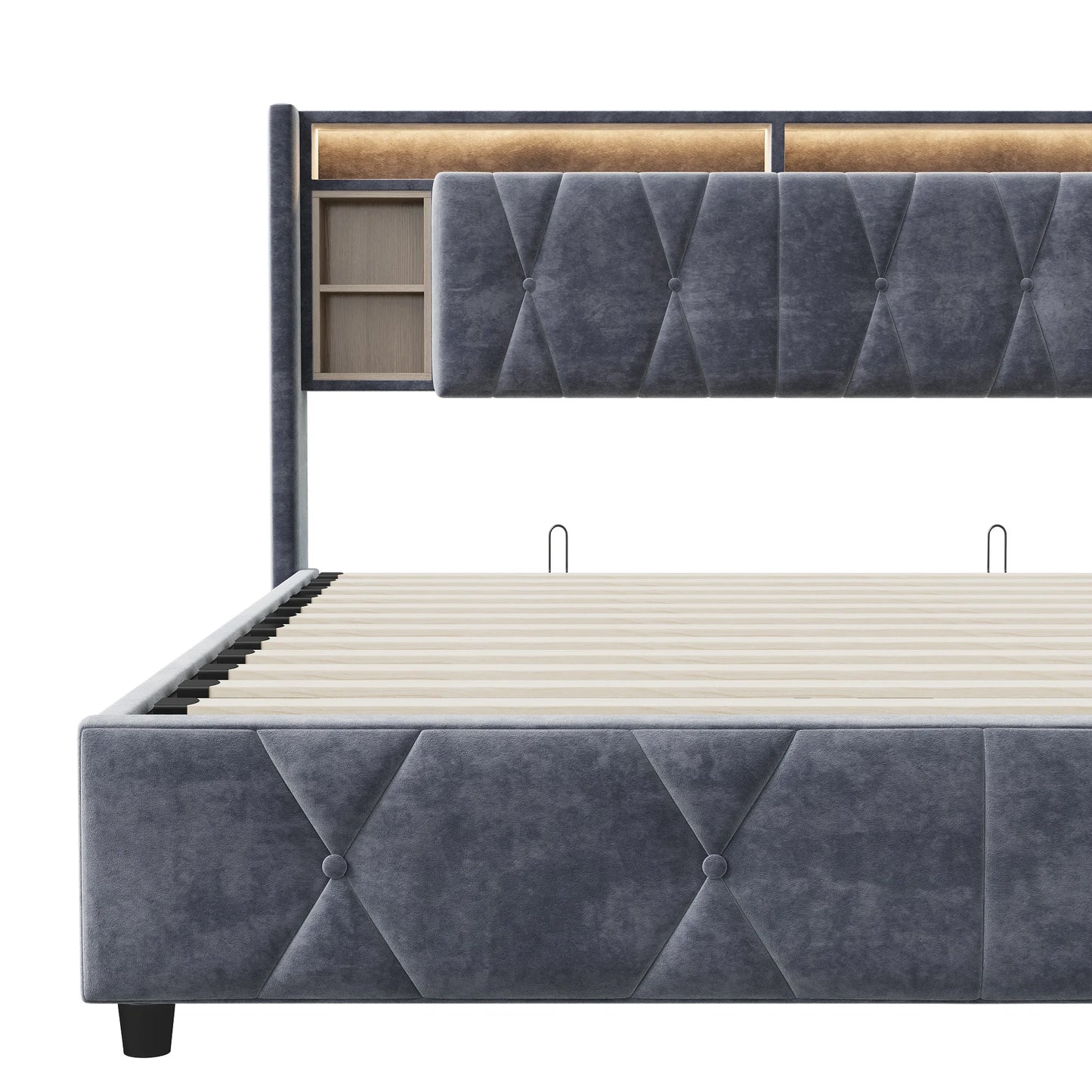 ROSAHQNDA Doppelbett mit Stauraum, LED-Bücherregal-Kopfteil mit USB, Polsterbett 140/160 x 200 cm, Samt, ohne Matratze