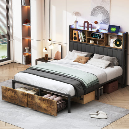Rosahqnda Doppelbettgestell aus Eisen mit LED & USB & Schubladen, Polsterbett 140-160-180*200cm,Stauraum-Kopfteil,Jugendbett,PU