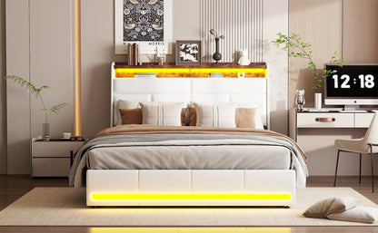 Rosahqnda Doppel-Jugendbettgestell 140–160 x 200 cm mit hydraulischem LED- und USB-Aufbewahrungsbett, Einzelbett, Gäste-/Master-Schlafzimmer, PU, weiß/schwarz