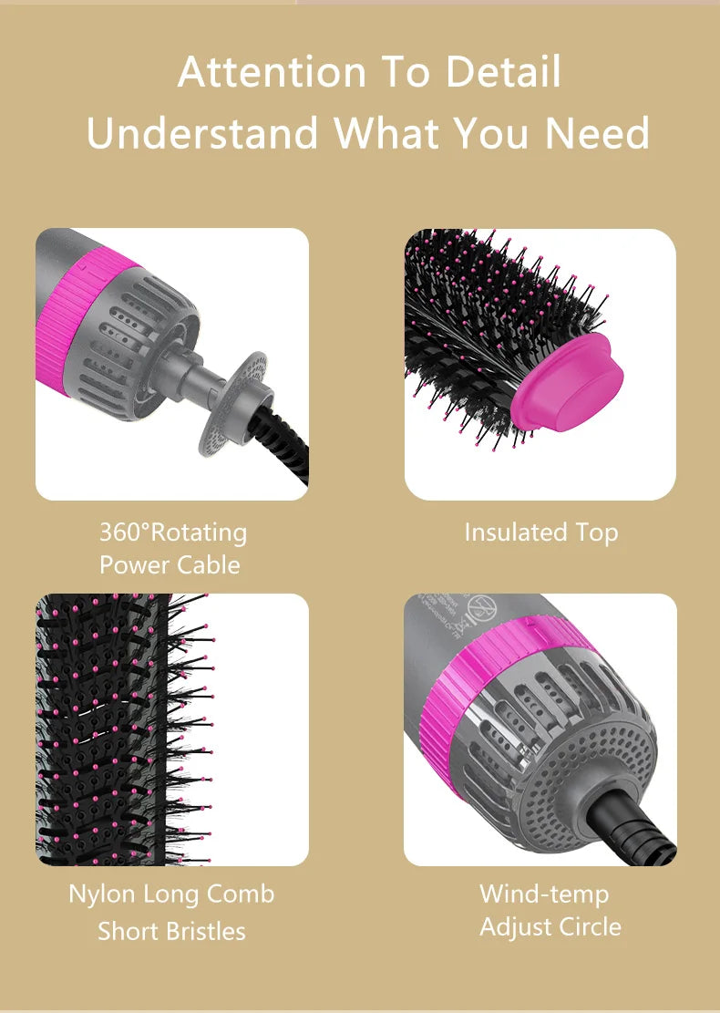 1200W Hair Dryer Hot Air Brush Styler Replaceable Head Straightener Curler Comb Roller One Step Electric Ion Blow Dryer Brush.