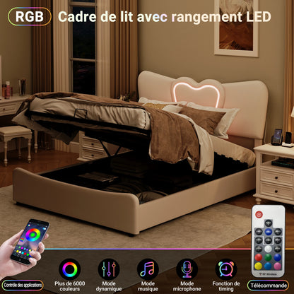 Doppelbett 140x200, LED Stauraumbett mit Lattenrost, Hydraulisch Polsterbett aus Kopfteil Höhenverstellbar, Herzform Kopfteil