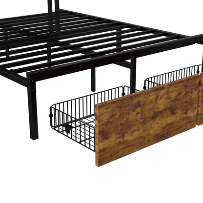 Rosahqnda Doppelbettgestell aus Eisen mit LED & USB & Schubladen, Polsterbett 140-160-180*200cm,Stauraum-Kopfteil,Jugendbett,PU