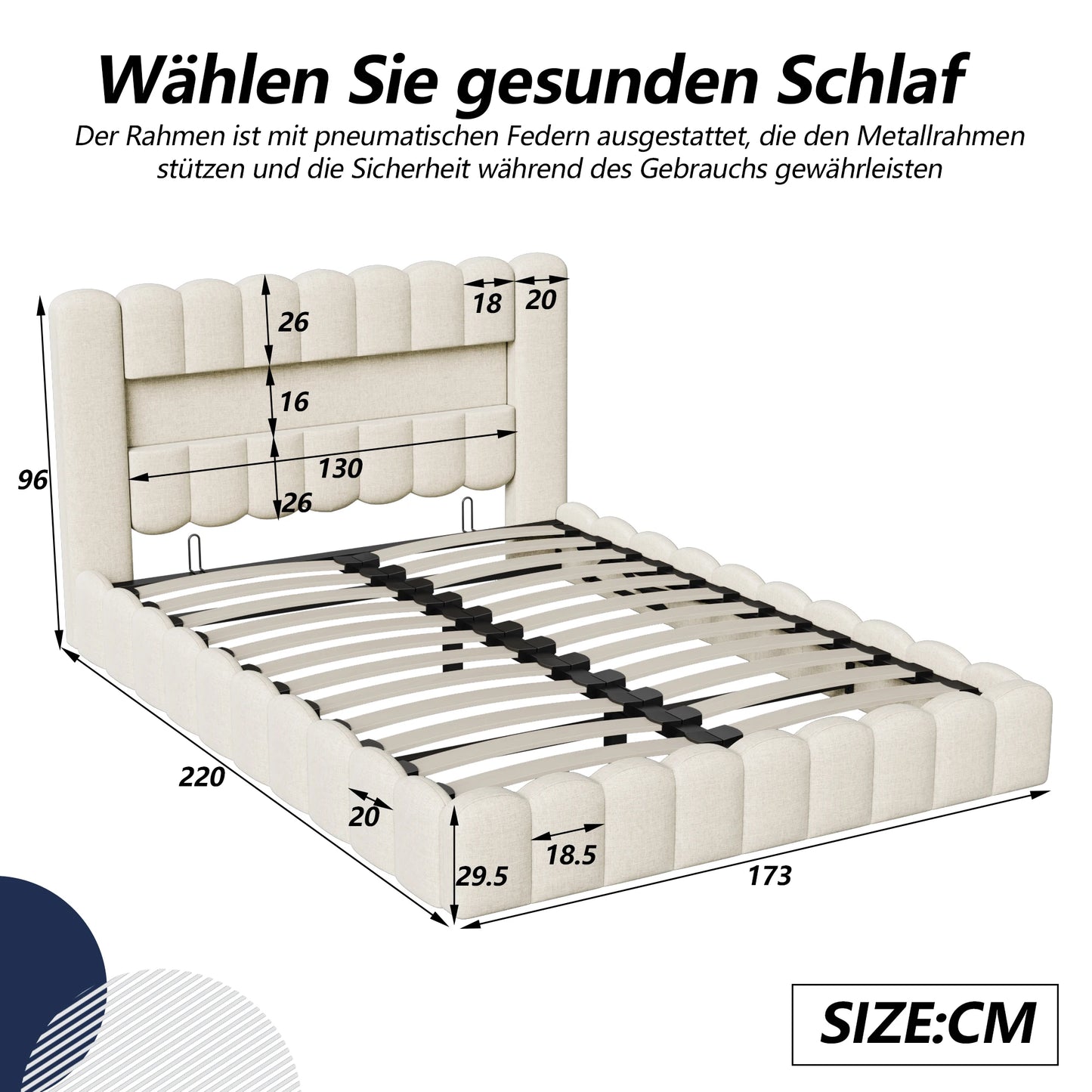 Rosahqnda Polsterbett mit LED- und USB-Anschluss, Leinenbaumstumpfbettgestell mit Kopfteil, 140 x 200 cm großes hydraulisches Bett ohne Matratze