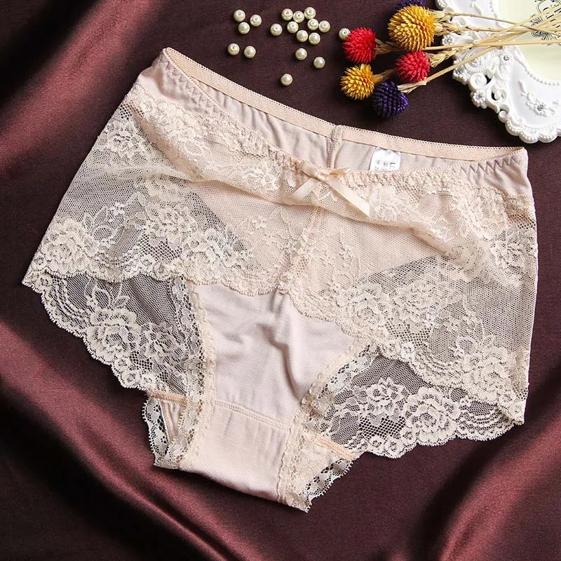 Women Modal Transparent Sexy Lace Underwear Plump Lady 3XL Large Size Hollow Seamless Panties High-Rise Soft Big Briefs.
